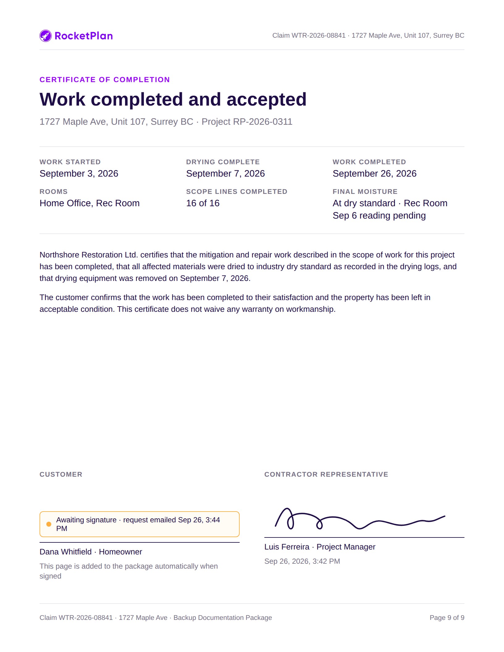 Package page: Certificate of Completion